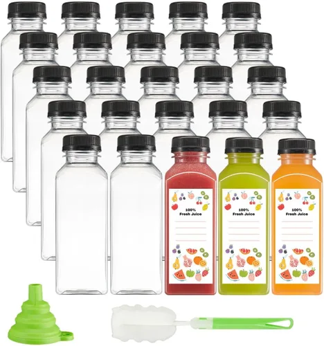 Miniatura 9 de GUSTO 25 botellas de jugo de plástico reutilizables con tapas, etiquetas, cepillo y embudo de silicona, botellas de plástico transparente con tapas