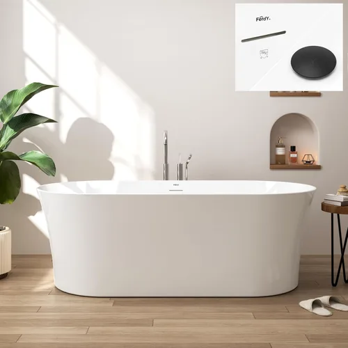 Miniatura 17 de FerdY Tahiti - Bañera independiente de 67" con forma ovalada elegante, bañera aislada de doble pared brillante con color blanco, con centro