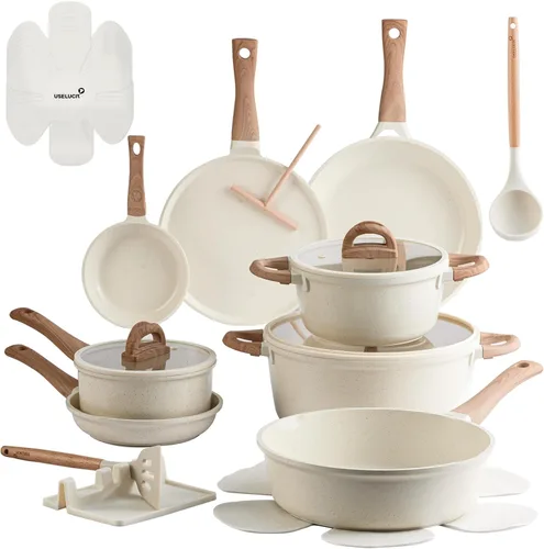 USELUCK Juego de ollas y sartenes, juego de utensilios de cocina de cerámica antiadherente, 22 piezas, antiadherentes, juegos de cocina, cacerola y