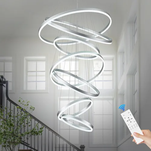 Miniatura 18 de Benkut 5 Anillos D31.5 Lámpara de Araña LED Moderna Negra Grande Regulable Circular para Techo Alto con Control Remoto para Vestíbulo, Comedor, Sala