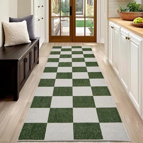 Miniatura 6 de Alfombra Lavable 5x7 de Cuadros, Alfombra de Área Verde y Blanca, Alfombras Grandes Boho para Sala de Estar, Alfombra de Bajo Pilo Ligera para Verde
