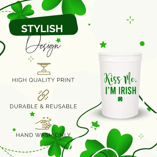 Miniatura 4 de Kiss Me I'm Irish - Juego de tazas de plástico para el día de San Patricio, 12-16 onzas para recuerdos de fiesta y decoraciones temáticas de trébol