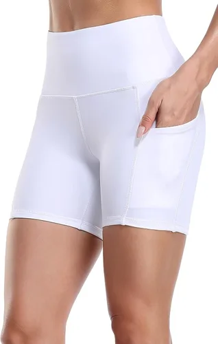 Miniatura 4 de Oalka Pantalones cortos de yoga para mujer, con bolsillos laterales, cintura alta, para entrenamiento, correr, deportes, 4 pulgadas