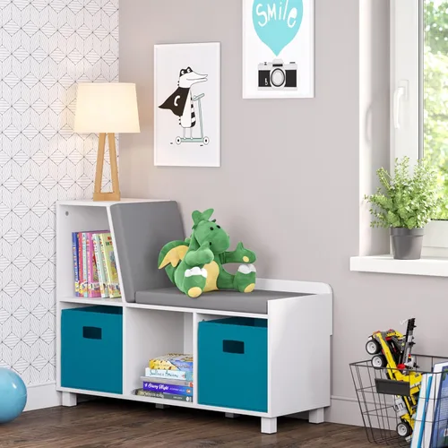 Miniatura 2 de RiverRidge Rincón de lectura para niños y banco de almacenamiento de cubos blancos con asiento acolchado cómodo y organizador de juguetes