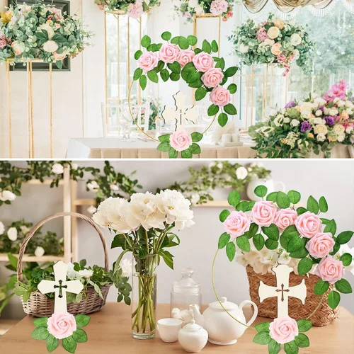 Miniatura 6 de LEIFIDE 40 piezas de decoración de primera comunión para bautismo, centros de mesa, decoración de la primera comunión con 8 anillos de aro florales