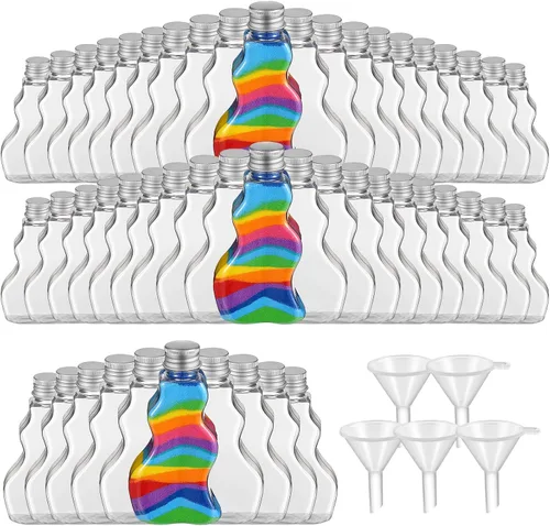 Miniatura 7 de Nuenen 50 botellas de arte de arena a granel con embudos de plástico en forma de onda para suministros de fiesta de manualidades (tapa colorida)