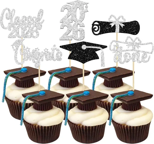 Miniatura 29 de Paquete de 24 adornos para cupcakes de clase 2026 con purpurina 2026 Felicidades Graduación Diploma Done Cupcake Picks 2026 Graduación Temática