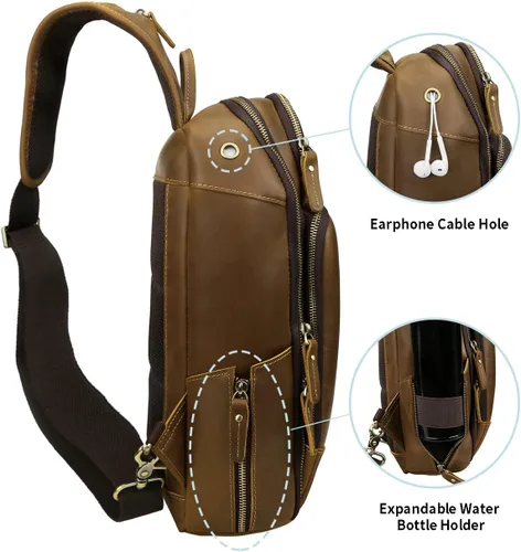 Miniatura 4 de Bolso de cuero genuino de grano completo vintage para hombres, mini tamaño mediano pequeño, con puerto de carga USB, Medium-camello, Mochilas Sling