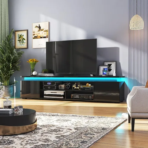 Miniatura 15 de Hlivelood Soporte de TV LED para TV de 75 pulgadas, moderno soporte de TV con toma de corriente, consola de TV de alto brillo con almacenamiento