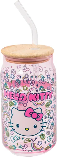 Miniatura 34 de Silver Buffalo Sanrio - Vaso de vidrio rosa con tapa de bambú y sorbete de vidrio de Hello Kitty, 16 onzas Hello Kitty Agitando