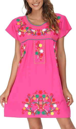 Miniatura 2 de YZXDORWJ - Vestido mexicano bordado de manga corta para mujer