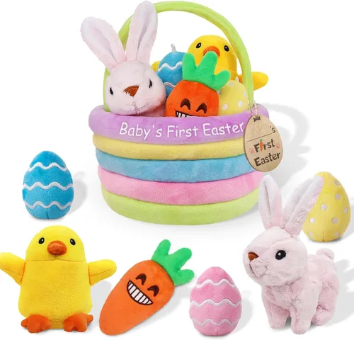 Primer juego personalizado de relleno de cesta de Pascua para bebé, 7 unidades, conejito de peluche de huevo, zanahoria para bebés, niñas, niños,