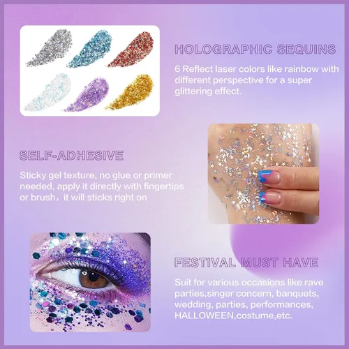 Miniatura 4 de BADCOLOR Gel de purpurina blanca para la cara y el cuerpo, maquillaje holográfico brillante con purpurina gruesa para cabello, uñas, labios, Blanco