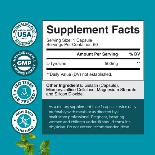Miniatura 3 de Free Form L - Cápsulas de tirosina de 500 mg – Suplemento de L-tirosina de alta resistencia para energía mental y apoyo al enfoque – Suplemento