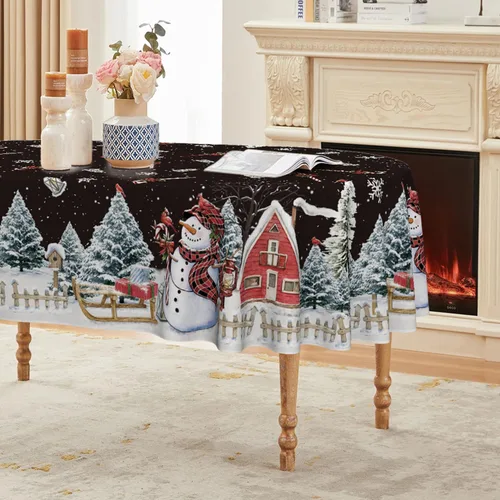 Miniatura 12 de Horaldaily Mantel de Navidad rectangular de 52 x 70 pulgadas, casa de muñeco de nieve de invierno, árboles de Navidad, color negro, lavable