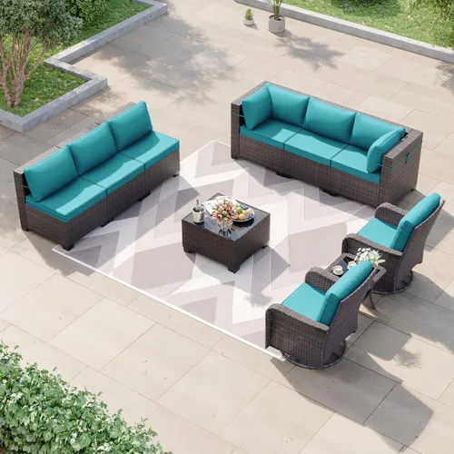 Miniatura 14 de Kurapika juego de muebles de patio 4 piezas de mimbre al aire libre, sillas de ratán, juego informal con mesa de café, juego de bistró con mecedora