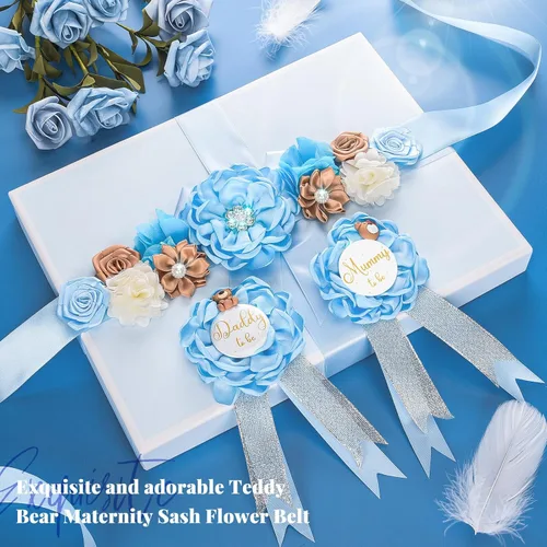 Miniatura 3 de Faja de maternidad floral para mamá, papá para ser ramillete, juego de alfileres de oso de peluche azul, banda para baby shower, cinturón de vientre