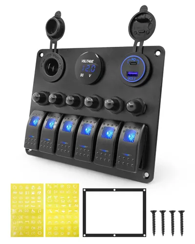 Miniatura 6 de Panel de interruptor basculante marino de aluminio de 6 bandas, impermeable, para disyuntor de barco protegido, pantalla de voltaje digital, puerto
