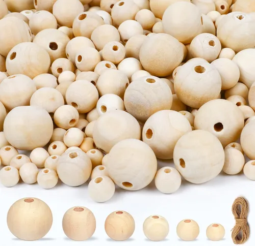225 piezas de cuentas de madera sin terminar - 6 tamaños - Incluye 8m de cuerda de yute - Cuentas de madera natural para manualidades, guirnaldas