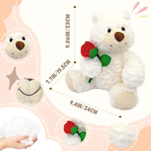Miniatura 3 de Oso de peluche blanco con rosa de 9 pulgadas, lindo oso de peluche pequeño suave para San Valentín, boda, aniversario, regalo de cumpleaños