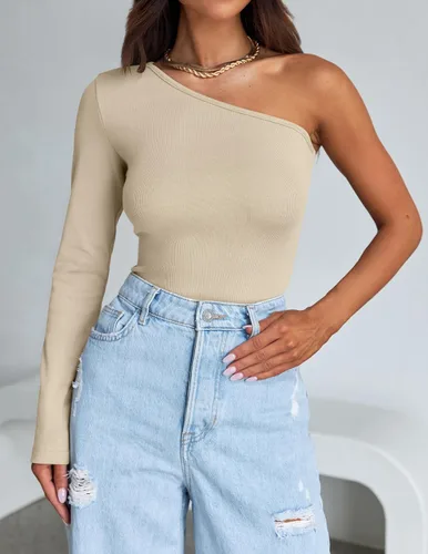 Miniatura 7 de ZESICA Camisetas de manga larga con un hombro para mujer, camisetas básicas ajustadas y ligeras de punto acanalado para otoño 2023