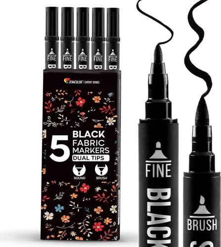 Zenacolor 5 marcadores de tela negra de doble punta permanente para ropa, bolígrafos de pintura de tela para personalizar camisas, bolsos,