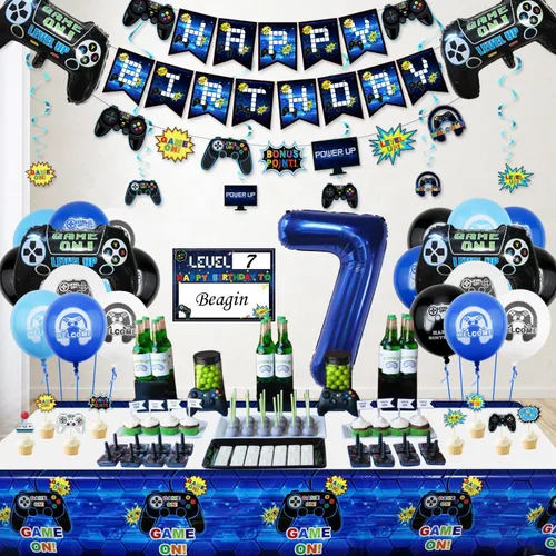 Miniatura 3 de Decoraciones de fiesta de videojuegos – Decoraciones de 7º cumpleaños para niños, pancarta de feliz cumpleaños, globos de videojuegos, globos azules