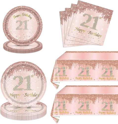 62 piezas de decoraciones de cumpleaños número 21 para niñas y ella, suministros de fiesta de cumpleaños de oro rosa incluyen 40 platos, 20