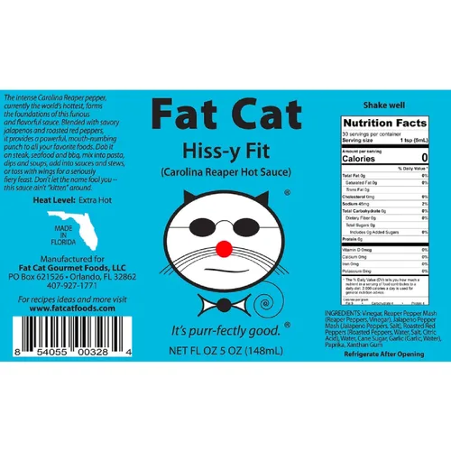 Miniatura 2 de Fat Cat Gourmet - Salsa picante "Hiss-y Fit" Carolina Reaper Salsa picante fuerte Para alas, sopas, sándwiches, pizza, tacos Extra caliente