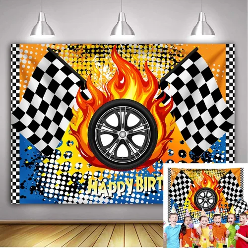 Telón de fondo de fotos de ruedas de carreras de 5 x 3 pies para decoración de fiestas de cumpleaños infantiles con temática de carreras, carteles