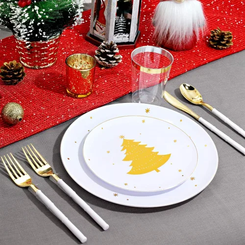 Miniatura 5 de WDF 50 Piezas Platos de Plástico Dorados - Platos de Plástico de Árbol de Navidad - Platos Desechables Pesados Blancos y Dorados para Navidad Oro