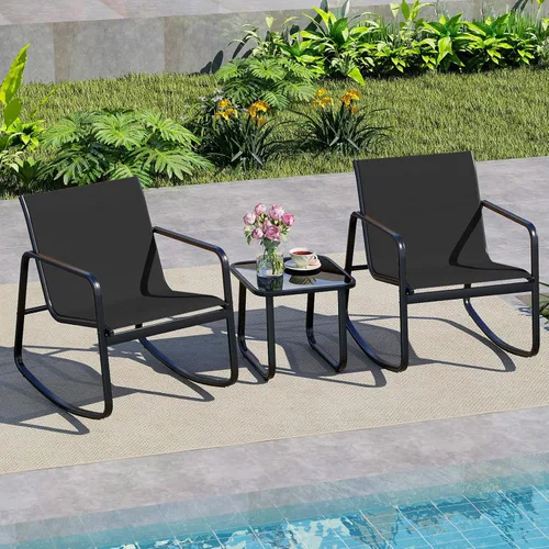 Miniatura 2 de HAPPYGRILL Juego de 3 piezas de bistró para patio con mesa superior de vidrio, sillas mecedoras de bistró, juego de muebles de patio pequeños, juego