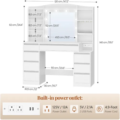 Miniatura 2 de HEXCELEN Tocador Grande de 47.2 Pulgadas con Espejo, Tocador con Luz LED, Tocador de Maquillaje con Regleta de Enchufes, 8 Cajones y 8 Estantes