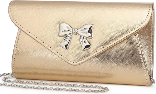 Miniatura 11 de Gurina Bolso de mano de noche con detalle de lazo, elegante bolsa de fiesta de piel sintética brillante con cadena desmontable para boda y baile