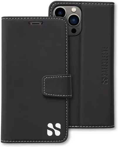 Miniatura 27 de SafeSleeve Funda de piel tipo cartera desmontable para iPhone 14 con bloqueador EMF para teléfono celular con 3 tarjeteros y soporte ajustable
