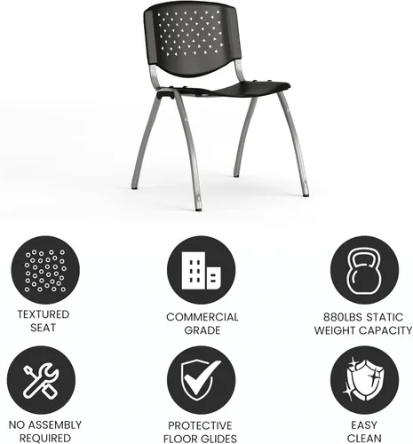 Miniatura 5 de Flash Furniture - Silla apilable de plástico negro de la serie HERCULES con capacidad de 880 lb. y marco recubierto en polvo de color gris titanio