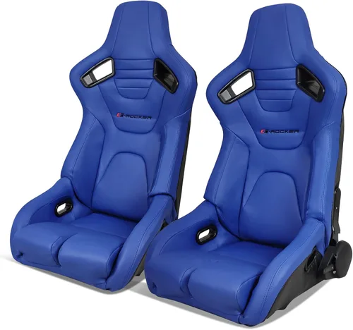 IKON MOTORSPORTS, Par de asientos universales de carreras con deslizadores dobles, cuero de PU azul y carbono reclinable izquierdo y derecho