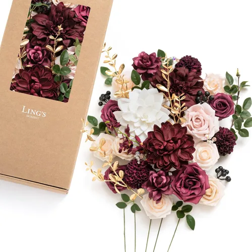 Ling's moment Caja de Flores Falsas, Tallos de Follaje Artificial Falso, Rosas de Espuma, Gardenias, Bayas, Dalia de Seda, Flor de Tela para Centros