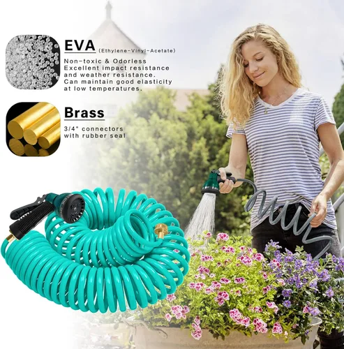 Miniatura 2 de Manguera de jardín de bobina de EVA de 25 pies con conector de latón de 3/4 pulgadas, manguera de agua en espiral, ligera y sin torceduras, incluye