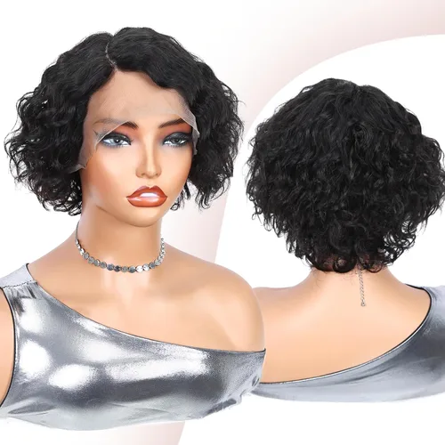 Miniatura 7 de WIGER Pelucas cortas con encaje frontal de cabello humano para mujeres, peluca corta rizada estilo Bob, peluca Pixie de encaje frontal negra, peluca
