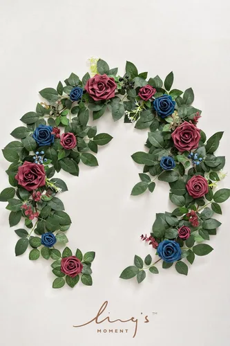 Miniatura 5 de Ling's moment Guirnalda de Flores Artificiales de 5 Pies en Color Burdeos Arco Floral Azul Marino Centro de Mesa Rosa y Hojas para Bodas Fiestas