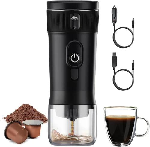 Máquina de café expreso portátil de 100 W con autocalentamiento y lista para el automóvil, compatible con cápsulas NS y café molido, ideal para