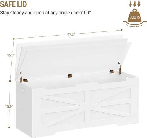 Miniatura 2 de Hzuaneri Baúl de almacenamiento de 47.2 pulgadas, baúl de almacenamiento extragrande con 2 bisagras, banco de caja de madera, baúl organizador Blanco