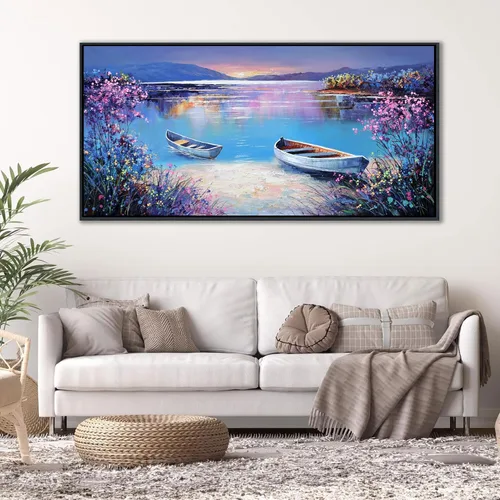 Miniatura 24 de YCPRIMER Gran Arte de Pared de Paisaje para Sala de Estar, Lienzo de Decoración de Pared con Flores, Arte de Decoración en Azul y Morado, Cuadro
