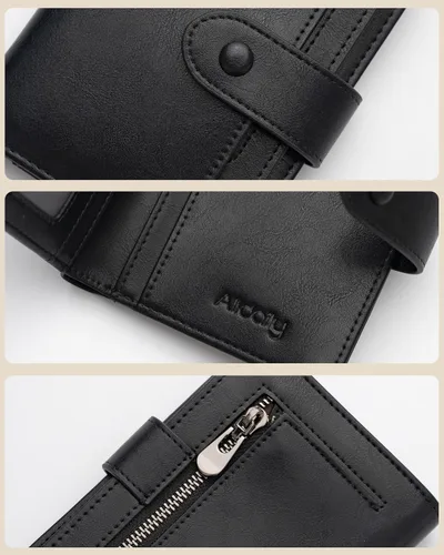 Miniatura 6 de Alldaily Cartera pequeña de piel con bloqueo RFID para mujer, plegable con 10 ranuras para tarjetas y bolsillo con cremallera, Negro, Pequeña