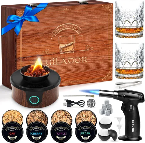 Kit eléctrico para ahumar whisky, lujosa caja de madera, regalos de Navidad sinceros, con 4 chips de madera, antorcha, moldes de hielo, receta, Nogal
