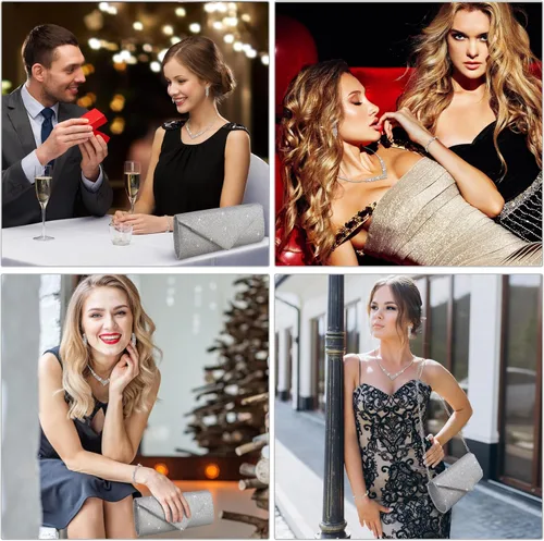 Miniatura 6 de Juego de 4 piezas de plata para mujer, bolso de mano brillante con diamantes de imitación, bolso de mano para regalo de fiesta de boda, plateado
