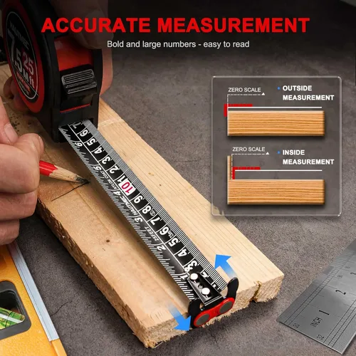 Miniatura 5 de HAUTMEC Cinta métrica de 25 pies con gancho magnético y doble bloqueo, cinta métrica de hoja de acero de alto carbono con escalas métricas