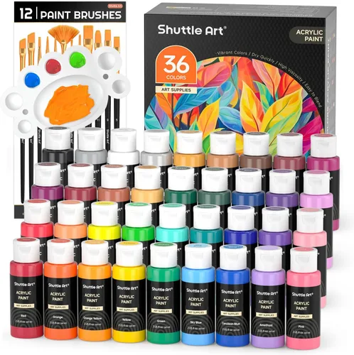 Shuttle Art Juego de pintura acrílica, 36 colores de pintura acrílica con pinceles y paleta, botellas de 2 oz/2.0 fl oz, pigmentos ricos no tóxicos