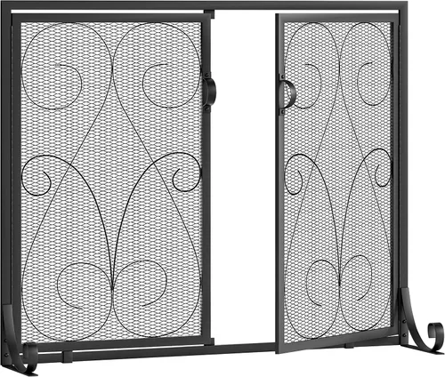 Miniatura 8 de Kingson Pantalla de chimenea de 2 paneles con puertas, hecha a mano, malla decorativa de hierro forjado, protector de chispas de fuego
